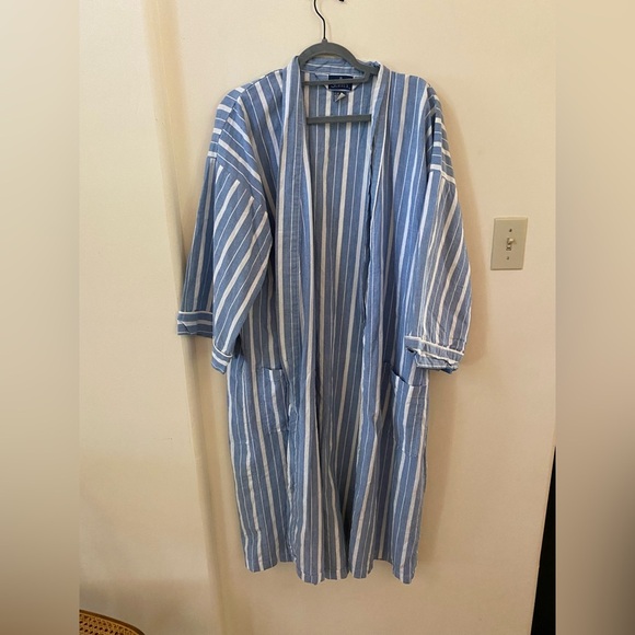 SURREY VINTAGE BLUE AND WHITE STRIPED ROBE KIMONO CARDIGAN BEACH COTTON UNISEX - Picture 1 of 8